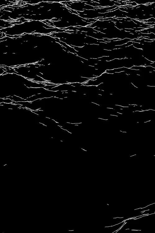 The image shows three vertical panels of black and white abstract wavy lines, resembling turbulent water or chaotic lines…