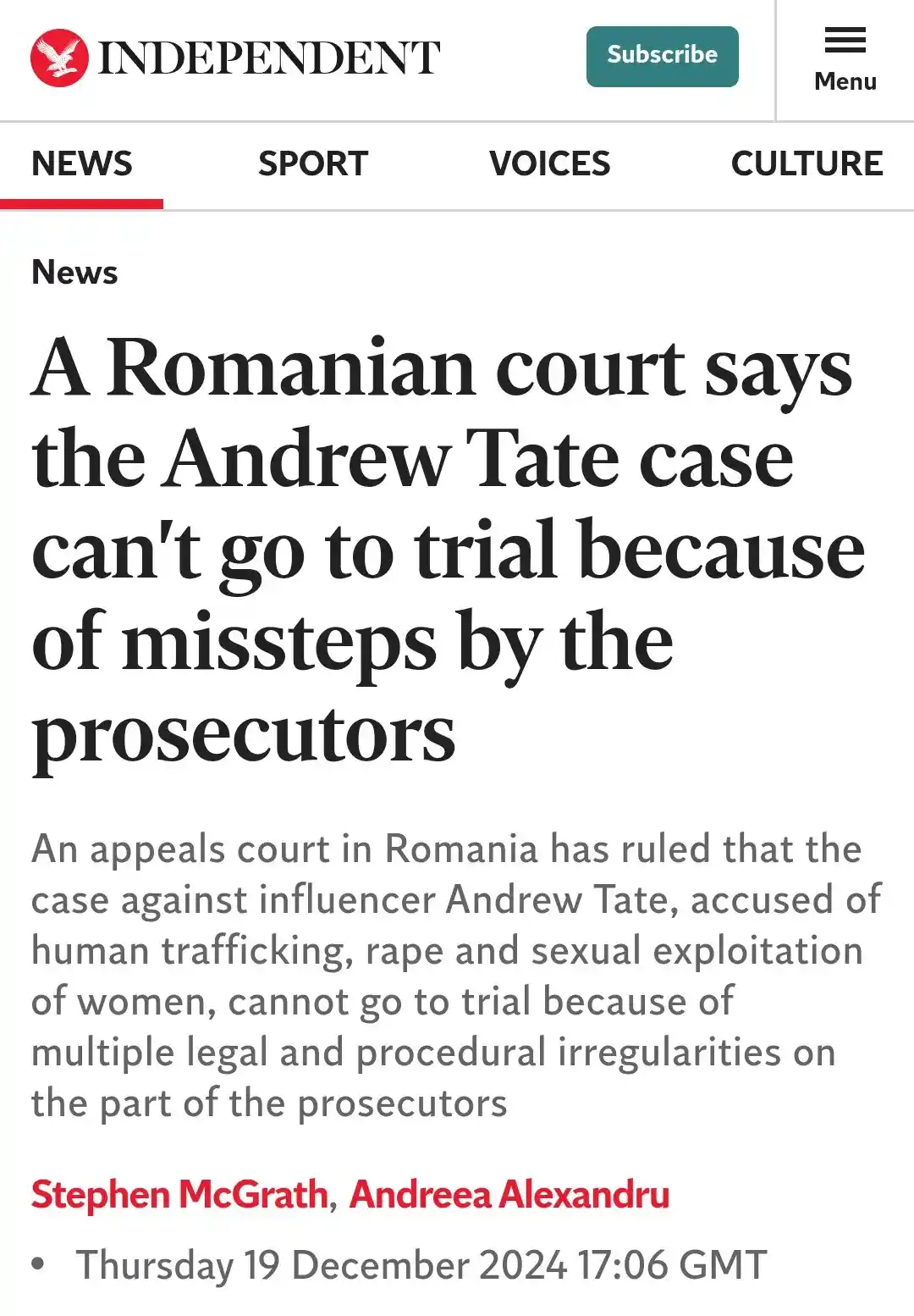 A screenshot of a news article from the Independent newspaper with the headline 'A Romanian court says the Andrew Tate case…