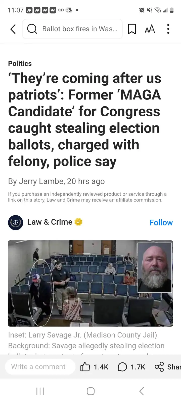 A news article screenshot shows a headline about a former 'MAGA Candidate' allegedly stealing election ballots. The image…