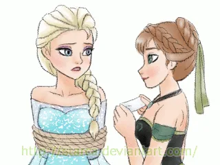 A six-panel comic strip shows Elsa and Anna from Frozen. Anna is shown tying Elsa with rope, then applying a white cloth to…