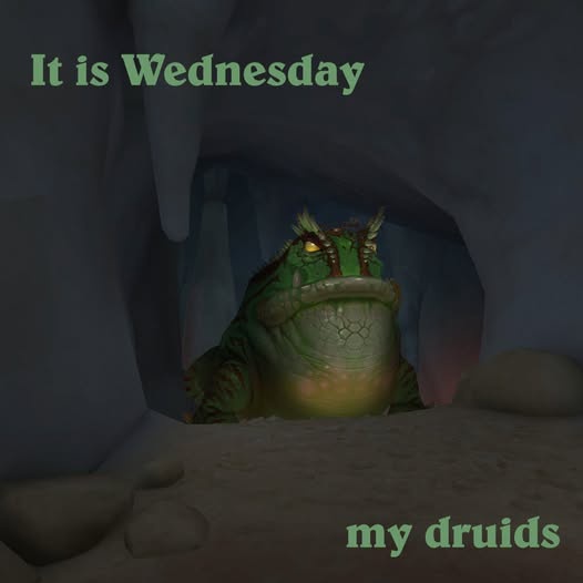 A green, reptilian creature with glowing eyes peeks from a dark cave entrance. Text at the top reads 'It is Wednesday' and…