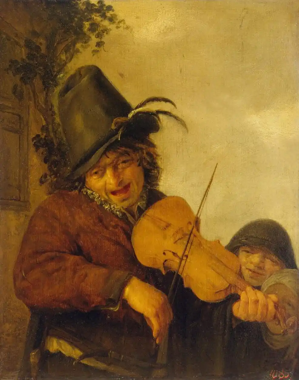 An oil painting depicts a man in a tall hat and brown coat playing a violin while another person in a hood watches. The man…