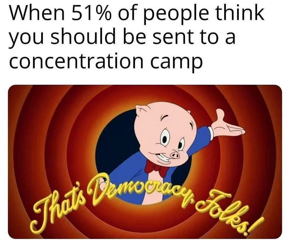 The image features Porky Pig from Looney Tunes emerging from a red spiral tunnel, smiling and gesturing with his right hand…
