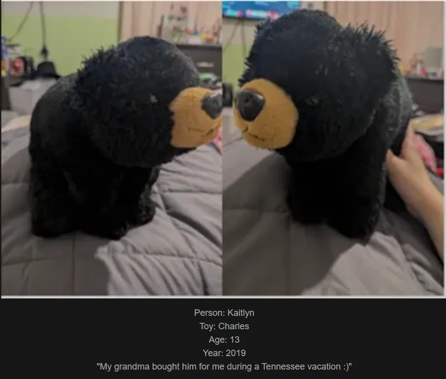 The image shows a split-screen of a black stuffed bear with a tan snout and black nose, sitting on a gray bedspread. The…