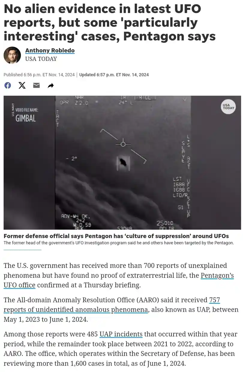 A screenshot of a USA TODAY news article about Pentagon UFO reports, featuring a grainy black-and-white video still labeled…