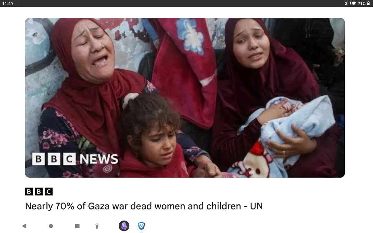 A BBC News screenshot shows three visibly distressed women and a child in a war-torn setting, one crying intensely while…