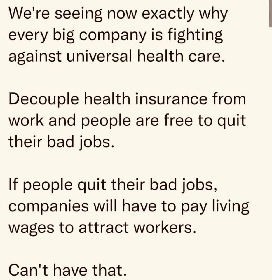 The image displays black text on a plain beige background, outlining a logical chain: universal healthcare would allow…