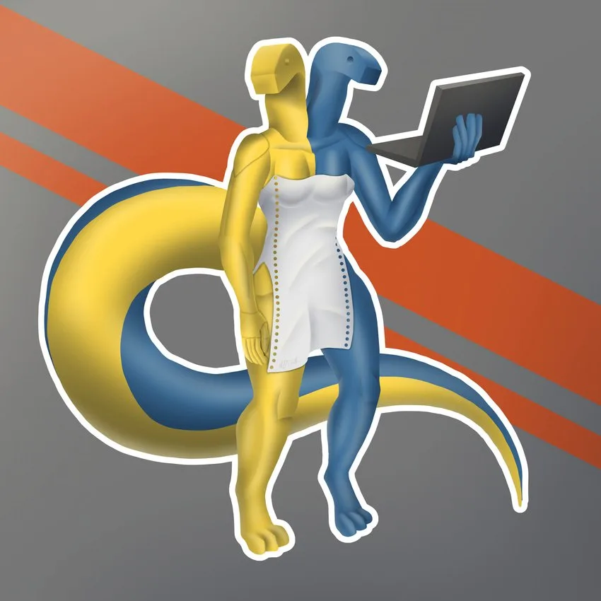 A stylized, split-colored humanoid figure with a yellow upper body and blue lower body, wearing a white dress and holding a…