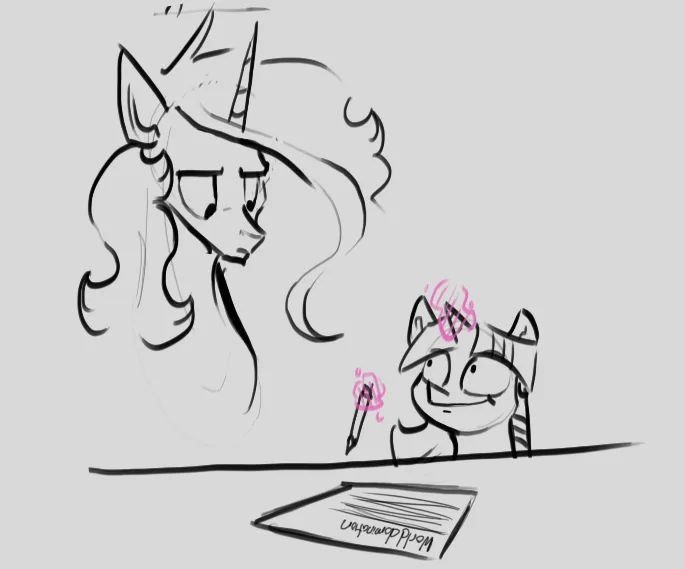 A sketch-style drawing shows a large, stern-looking unicorn pony looming over a smaller, grinning cat-like creature holding…