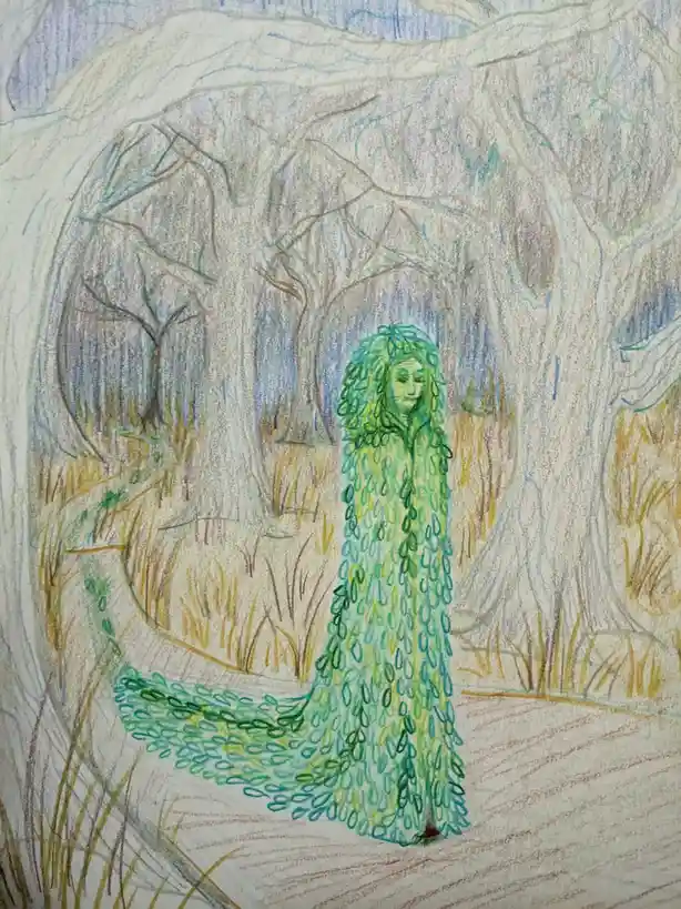 A hand-drawn colored pencil illustration depicts a humanoid figure standing in a forest, entirely covered in green leaf-like…