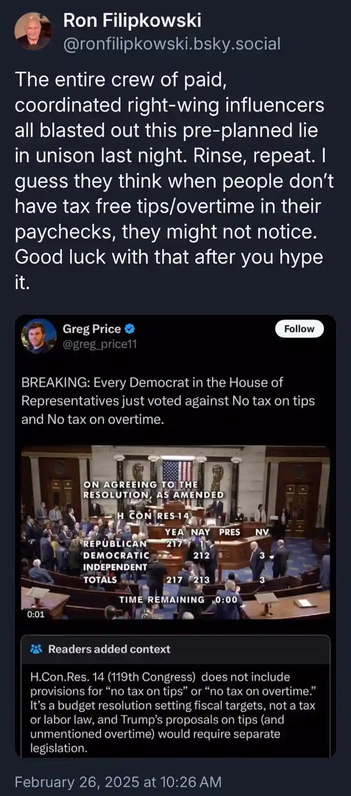 A screenshot of a Twitter post by Greg Price showing a vote tally in the U.S. House of Representatives, where 217…