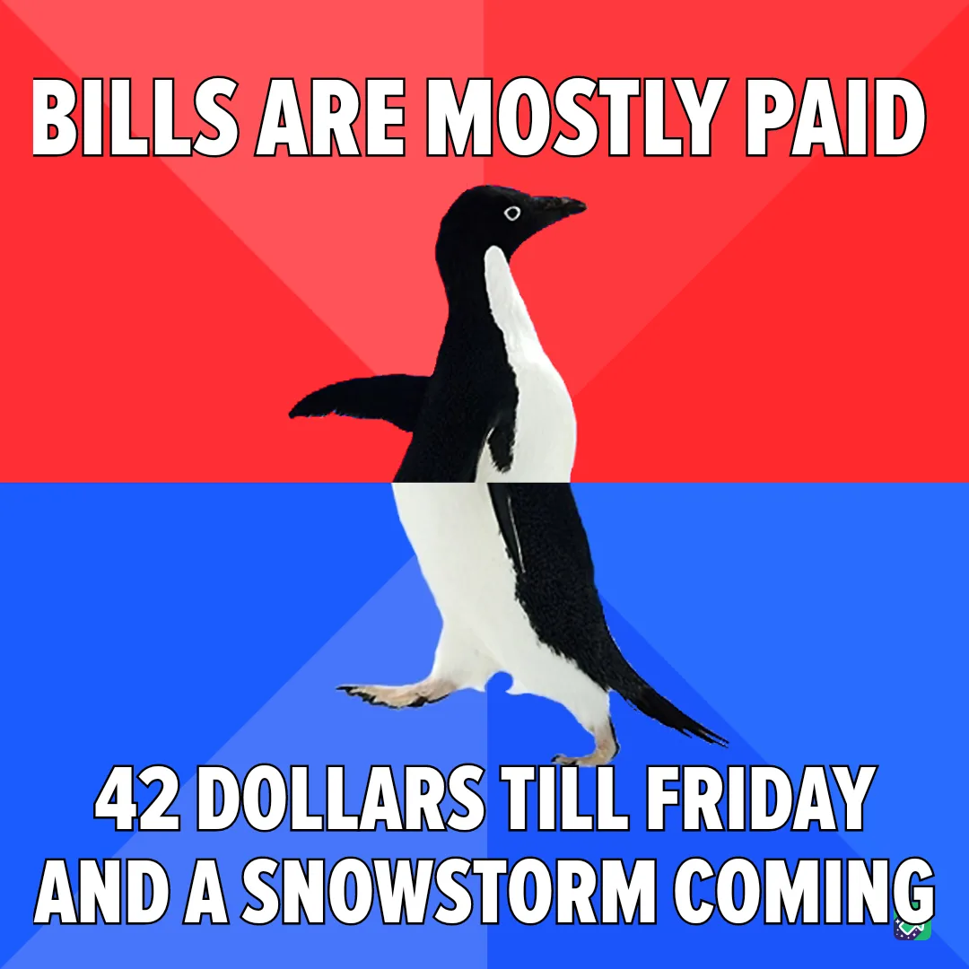 A black-and-white penguin stands centered against a red-and-blue background, with bold white text above reading 'BILLS ARE…