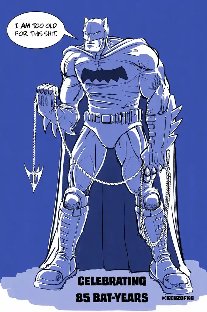 A muscular, armored Batman stands against a solid blue background, holding a chain with a trident at the end. He has a stern…