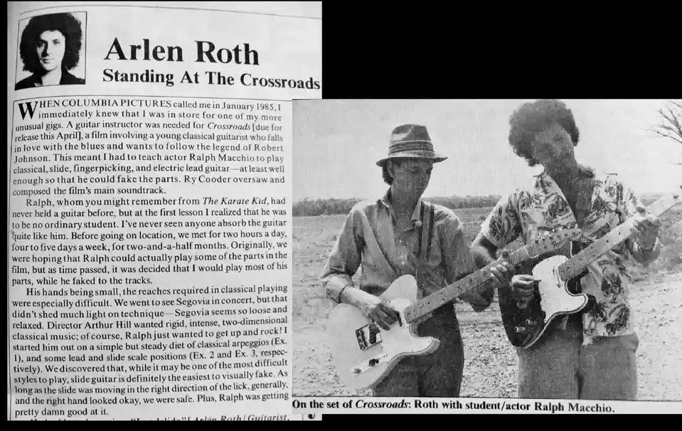 A black-and-white newspaper clipping features an article about guitarist Arlen Roth teaching actor Ralph Macchio guitar for…