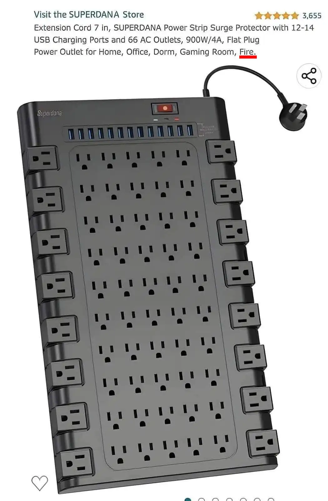An image of a black, oversized power strip with numerous AC outlets and USB ports, presented as a product listing. The…