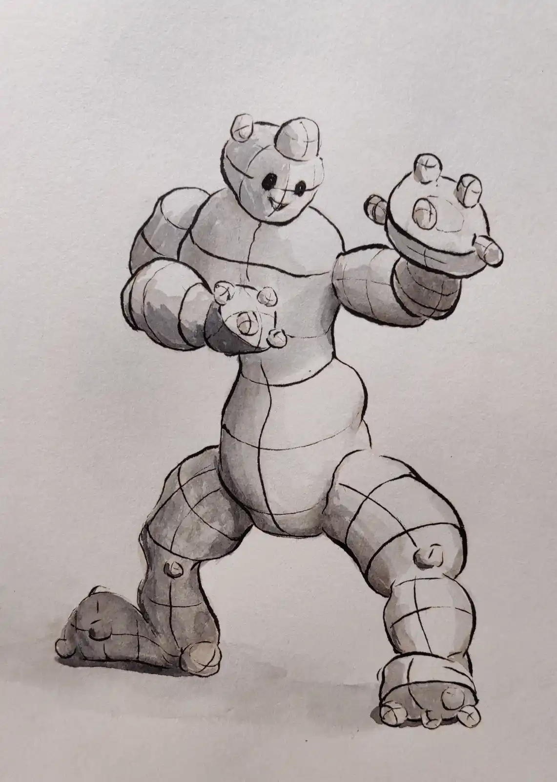 A hand-drawn, grayscale sketch of a large, blocky, teddy bear-like creature with a cheerful expression, holding two smaller…