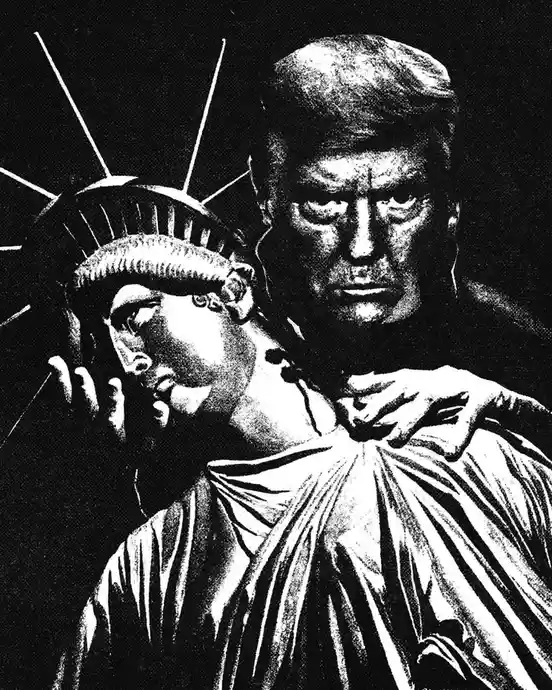 A black-and-white image shows a menacing figure resembling Donald Trump gripping the Statue of Liberty by the neck, with her…