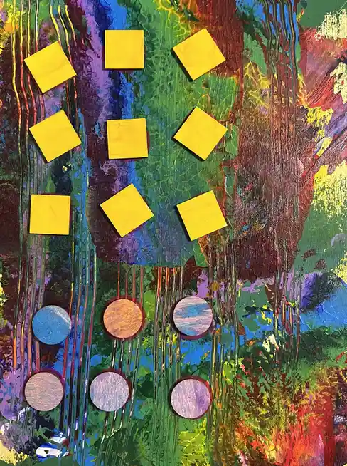 An abstract, colorful painting with vertical drips of paint in greens, blues, purples, and reds. On top of it are nine…
