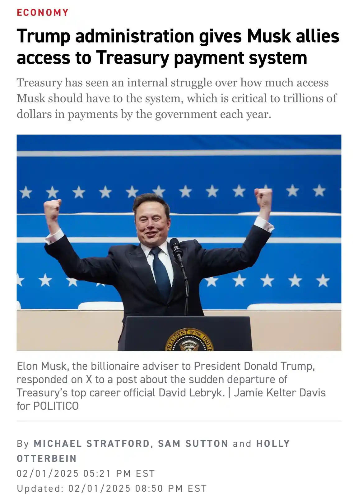 A screenshot of a POLITICO news article with a headline about the Trump administration granting Elon Musk allies access to…