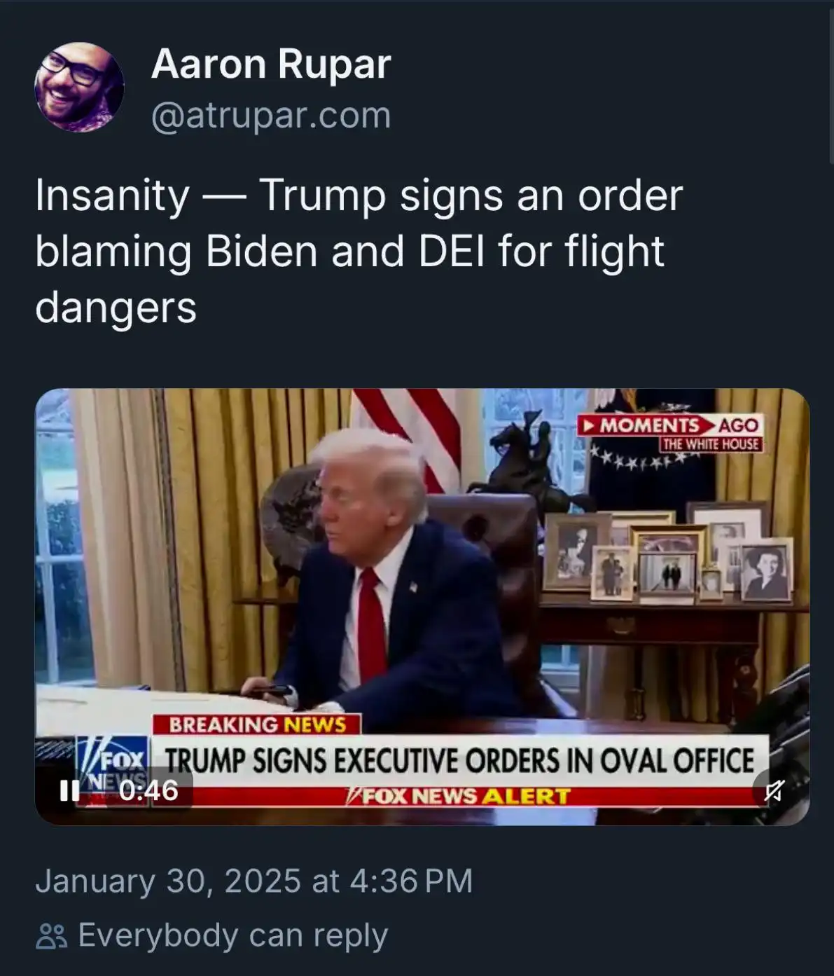 A screenshot of a Fox News broadcast shows Donald Trump seated at a desk in the Oval Office, with a breaking news banner…