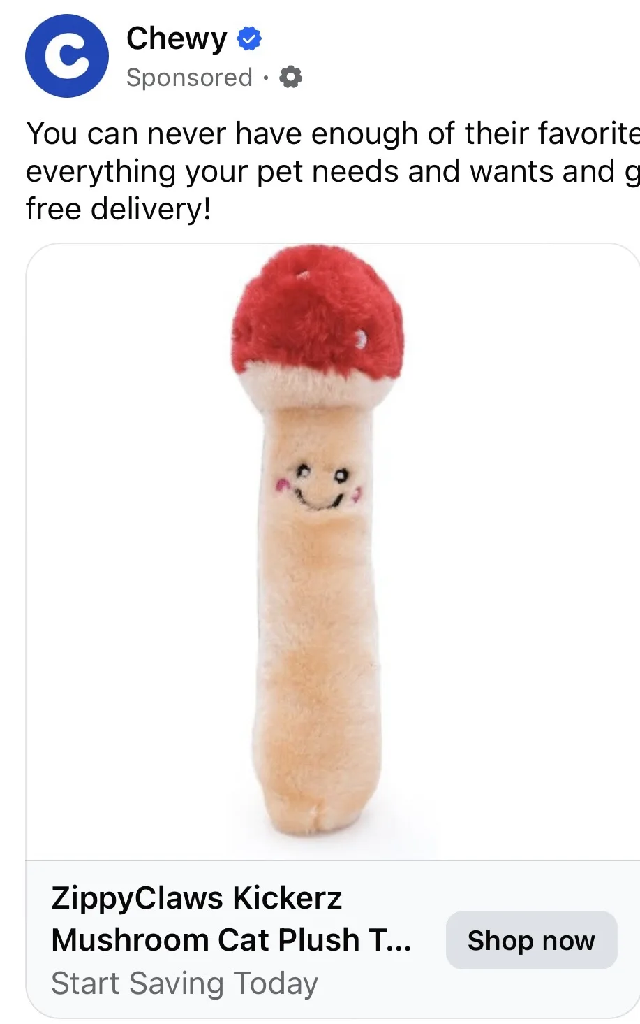 A sponsored social media ad from Chewy featuring a plush cat toy shaped like a mushroom with a red cap and a smiling face…