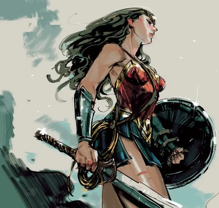 A stylized illustration of Wonder Woman in her iconic red, blue, and gold costume, holding a sword and shield, with long…