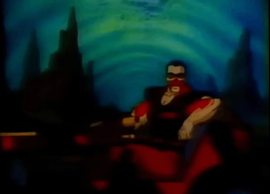 A six-panel comic strip shows a cartoon villain in a red and black costume, seated in a chair, progressively getting more…