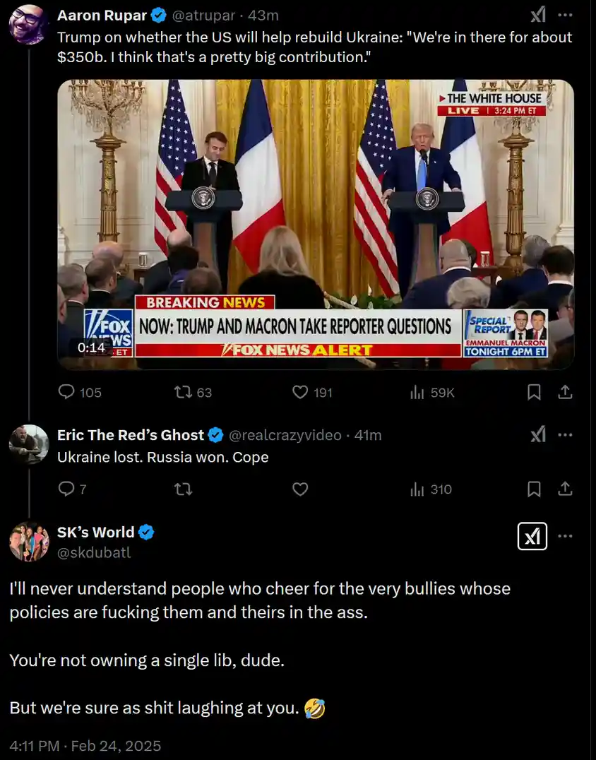 A screenshot of a Twitter thread shows a Fox News video clip of Donald Trump and Emmanuel Macron at a joint press…