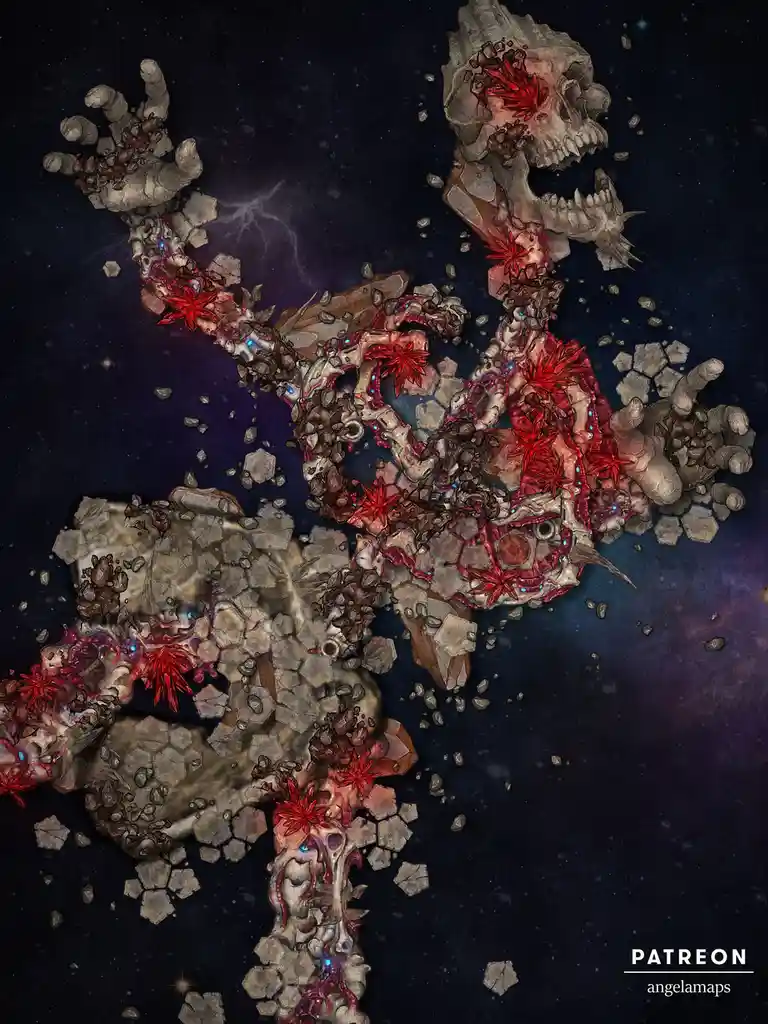 An intricate fantasy map depicts a cosmic, skeletal figure composed of bones, red crystalline growths, and floating rock…