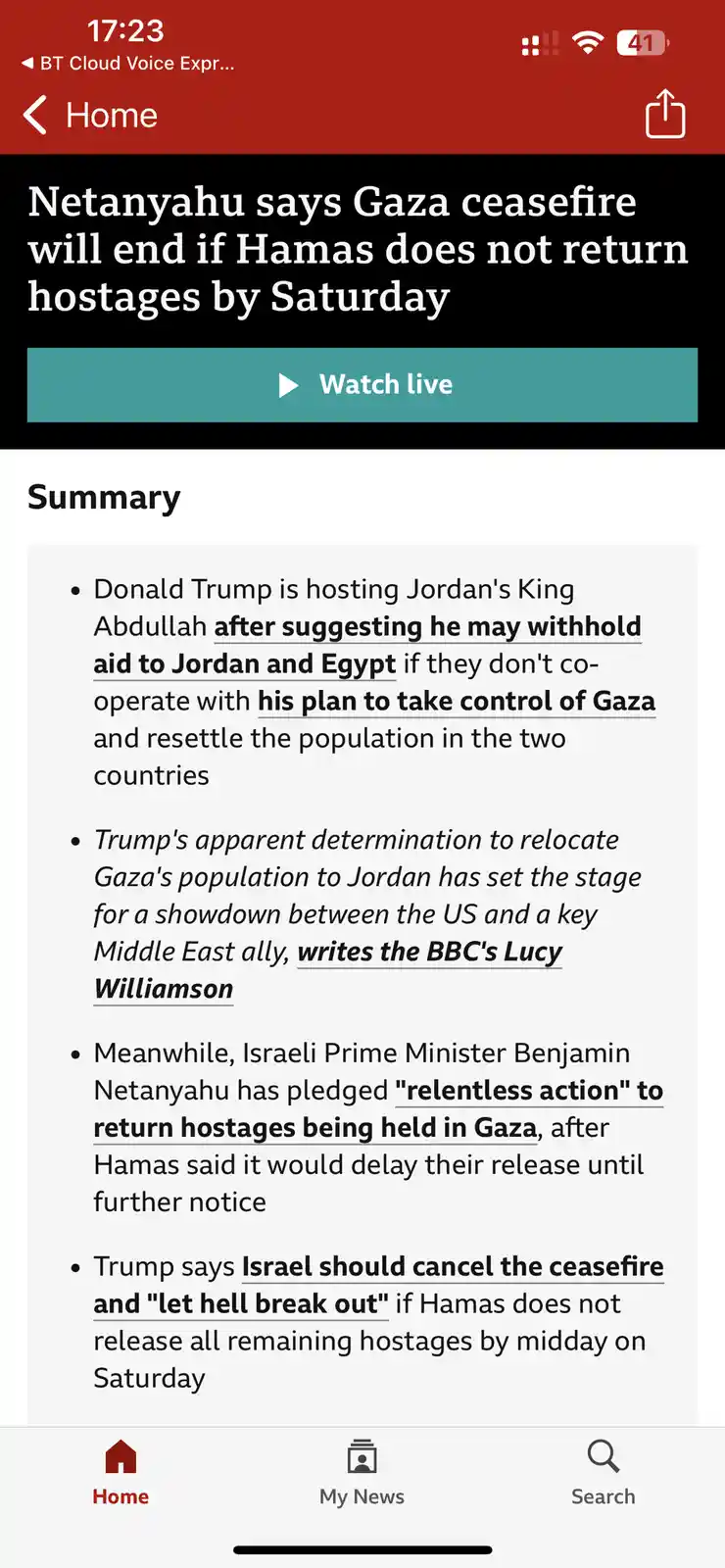 A screenshot of a news app showing a headline about Netanyahu's stance on the Gaza ceasefire, followed by a summary with…