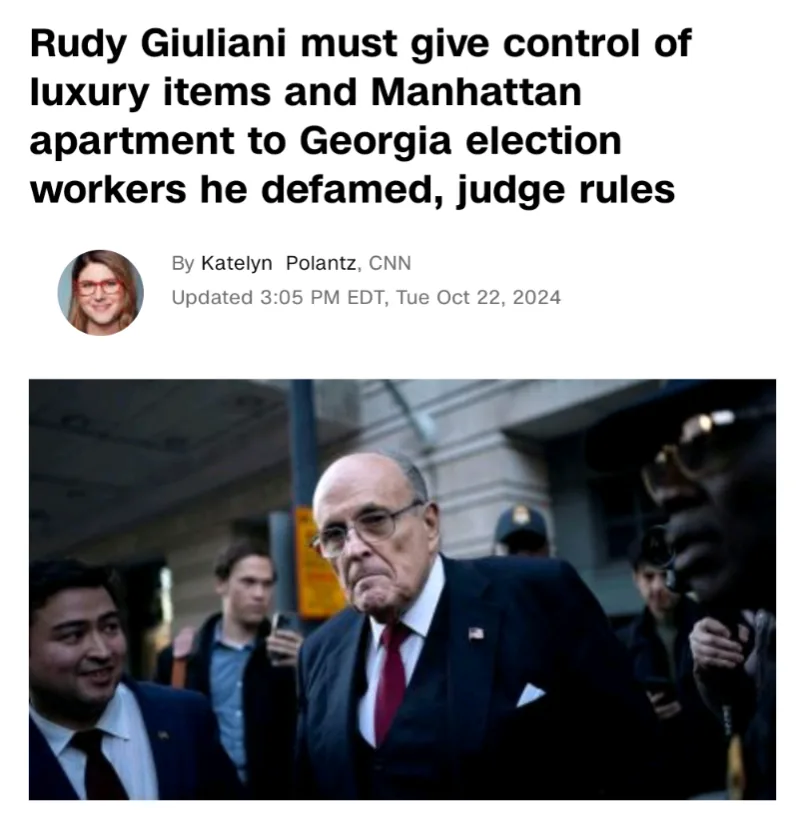 A screenshot of a CNN news article with a headline about Rudy Giuliani being ordered by a judge to give up control of luxury…