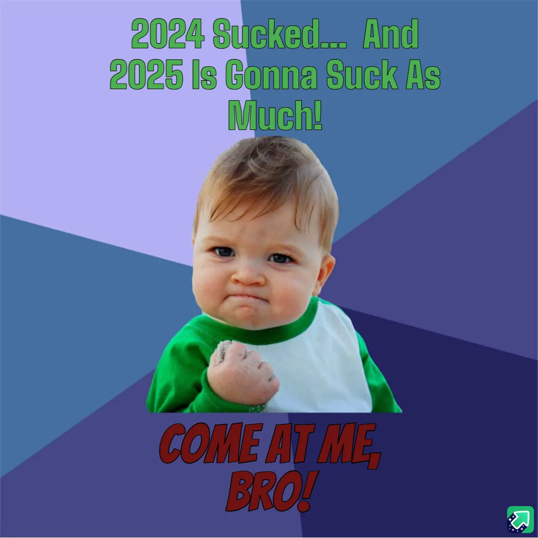 A baby with a defiant scowl and clenched fist, wearing a green and white shirt, is set against a geometric purple and blue…