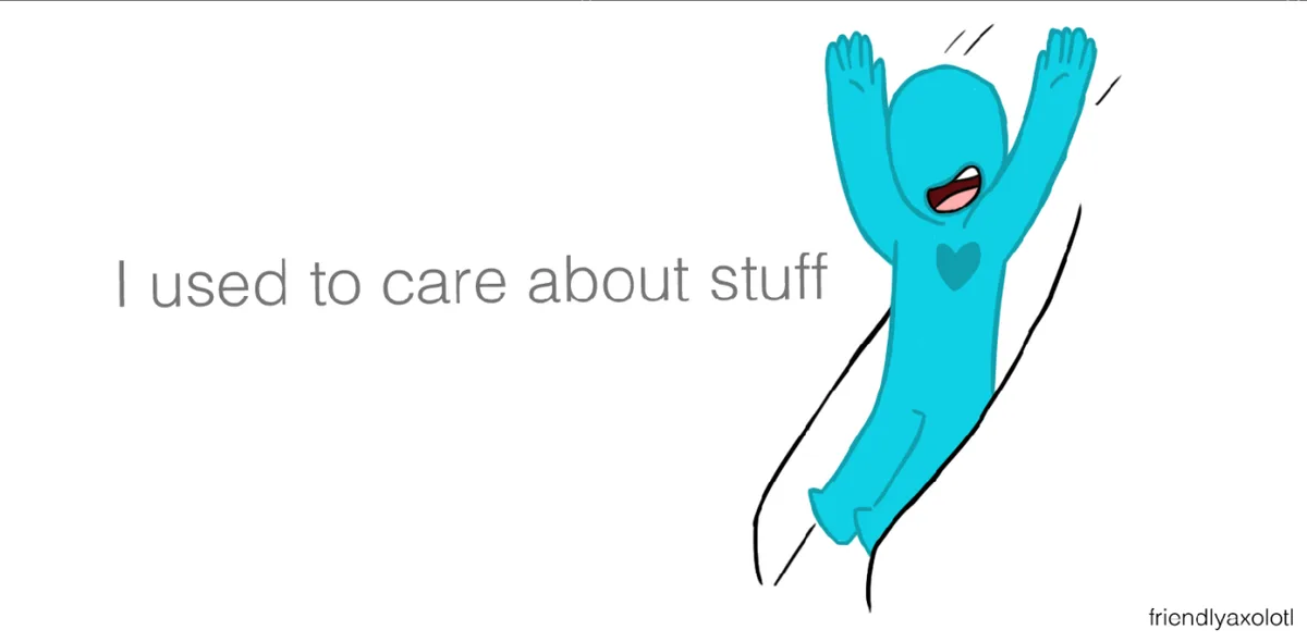 A simple cartoon drawing shows a blue, heart-shaped humanoid figure joyfully falling or sliding downward with arms raised…