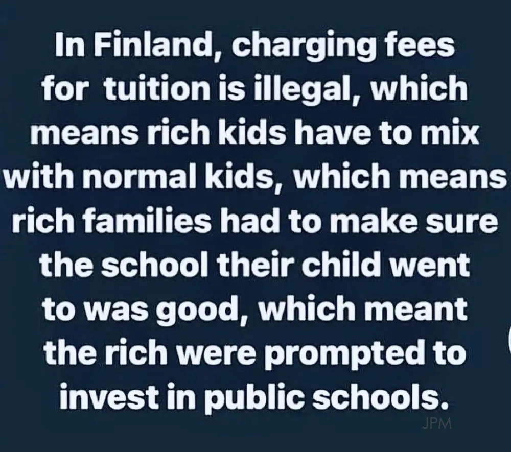 The image displays white text on a dark blue background, detailing a chain of reasoning about Finland's education system. It…