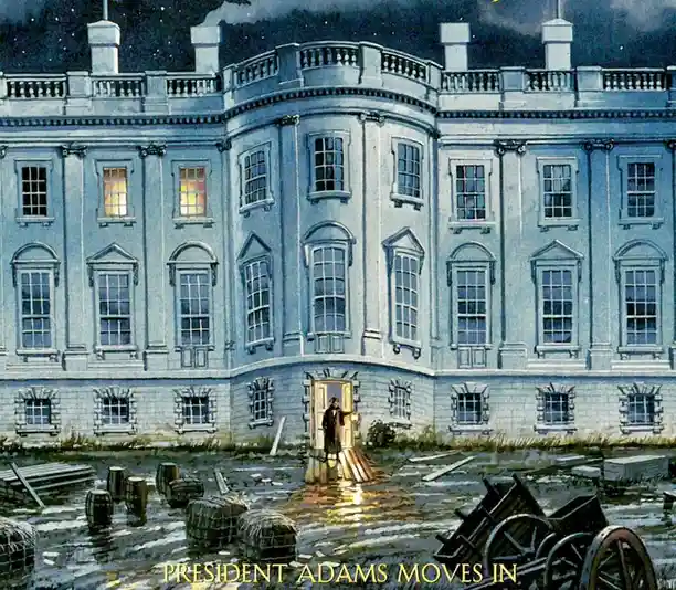A painting depicts a large, classical white mansion at night, with a single figure standing in the doorway holding a…