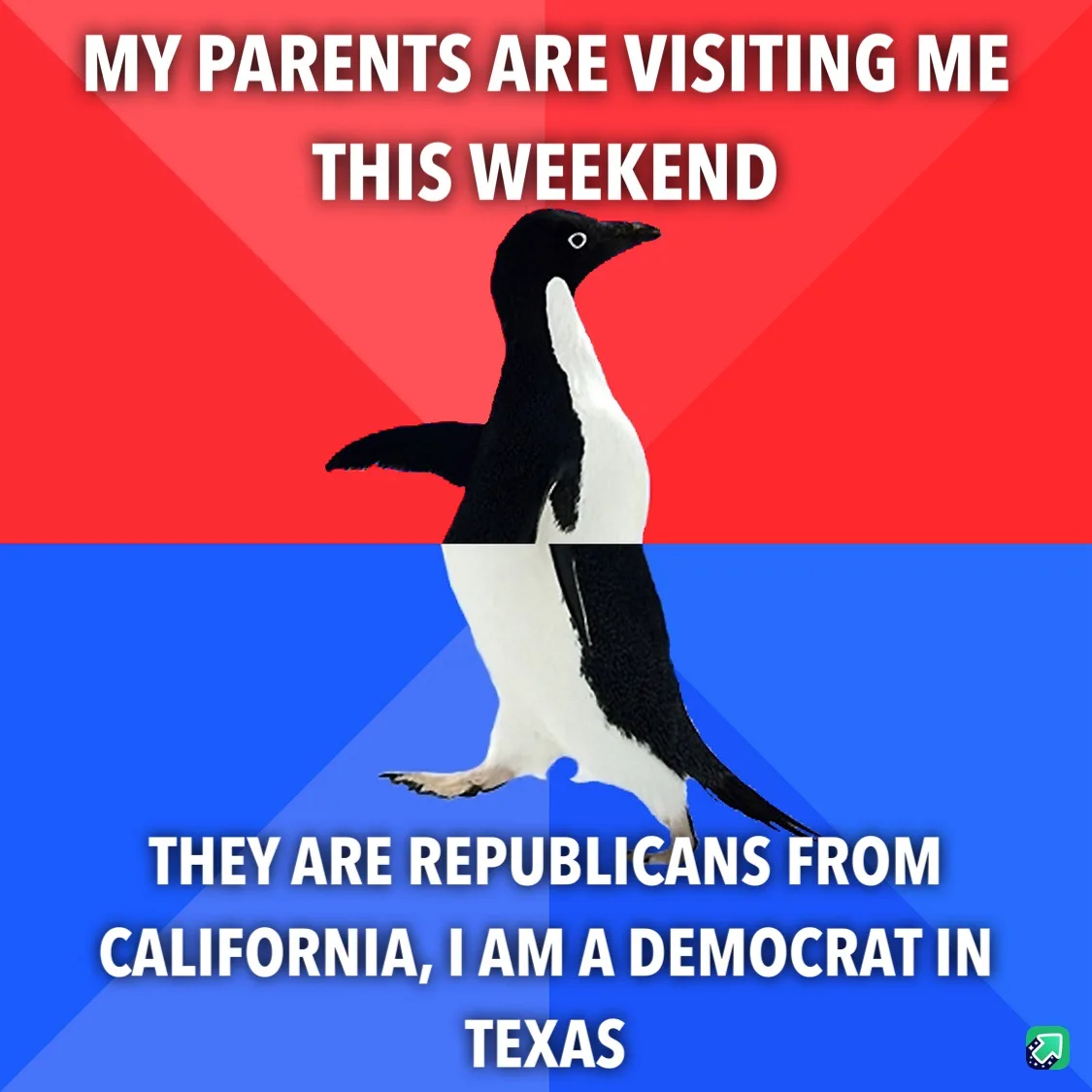 A penguin stands centered against a red and blue background split diagonally. White bold text at the top reads 'MY PARENTS…