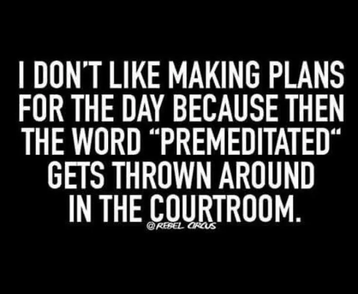 A black background with bold white text stating: 'I DON'T LIKE MAKING PLANS FOR THE DAY BECAUSE THEN THE WORD "PREMEDITATED"…