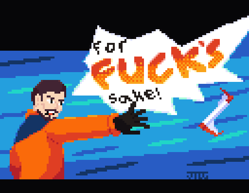 A pixelated man in an orange jacket and black gloves stands in blue water, arms outstretched, with a large white speech…