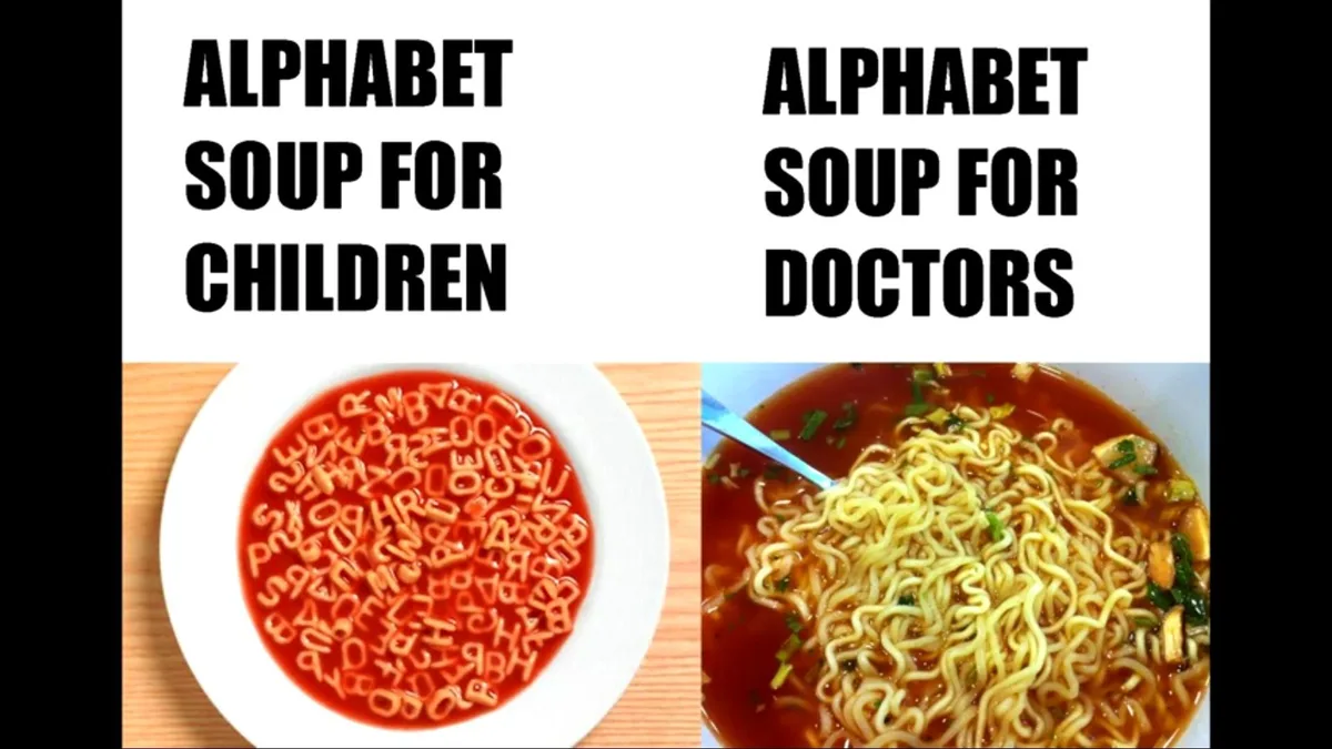 The image is split into two halves. The left side shows a bowl of alphabet soup with letters floating in red broth, labeled…