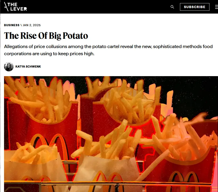 A screenshot of a fake news article from 'The Lever' dated Jan 2, 2025, with the headline 'The Rise Of Big Potato' and…