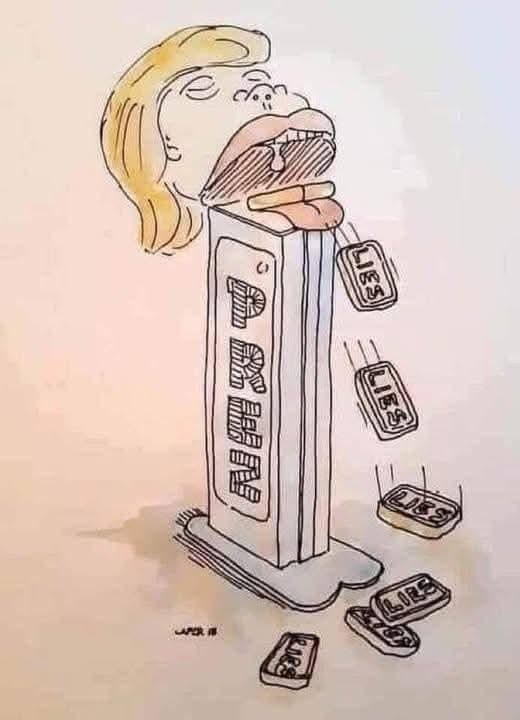 A cartoon drawing shows a person with blonde hair and a wide-open mouth, appearing to vomit or spit out multiple rectangular…