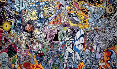 A vibrant, densely packed comic book illustration featuring numerous silver-skinned characters, including the central Silver…