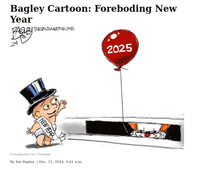 A cartoon baby wearing a top hat and a 'NEW YEAR' sash waves cheerfully while holding a red balloon labeled '2025'. Below, a…