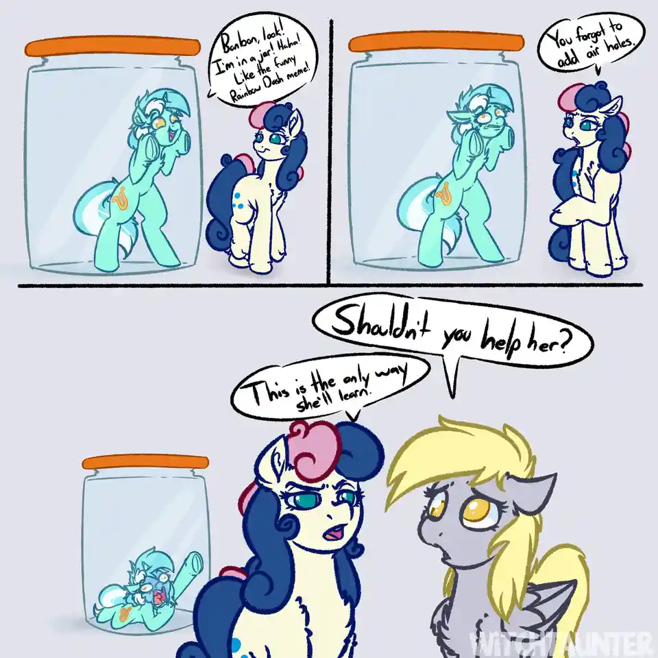A three-panel comic featuring My Little Pony characters. In the first panel, a teal pony in a jar excitedly tells a…