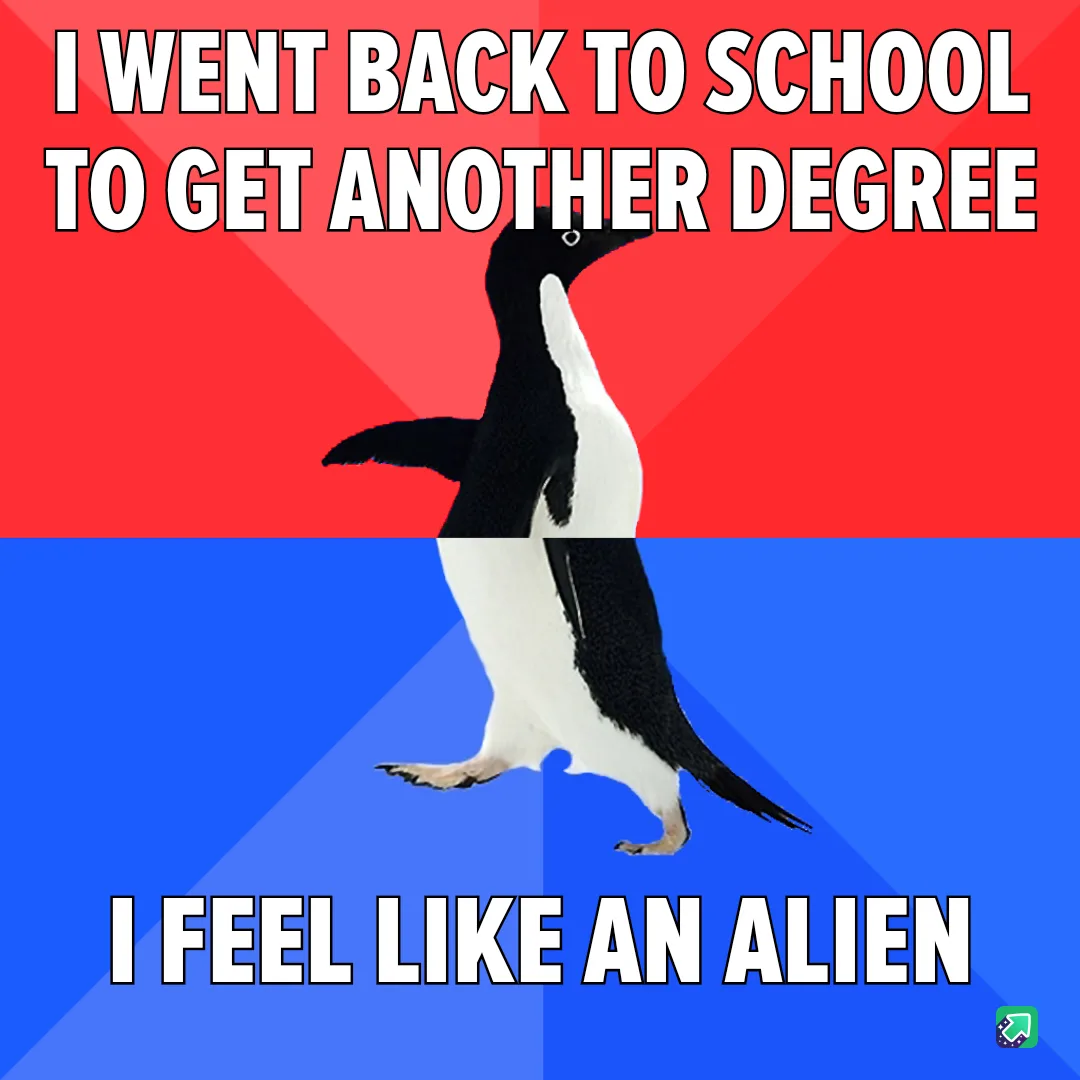 A penguin stands centered against a red and blue background, with bold white text at the top reading 'I WENT BACK TO SCHOOL…
