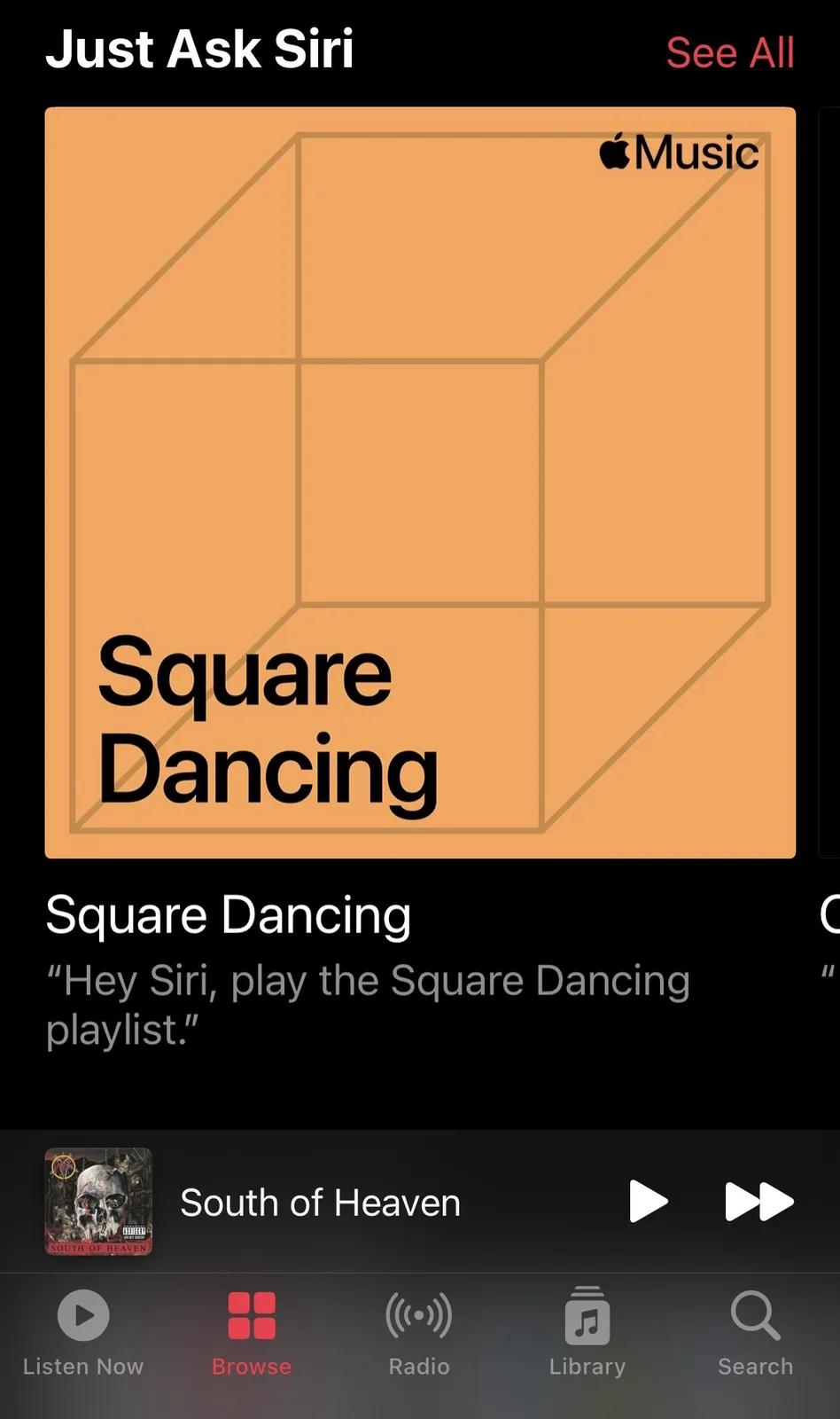 An Apple Music interface screenshot showing a playlist titled 'Square Dancing' with a minimalist orange cube graphic. The…