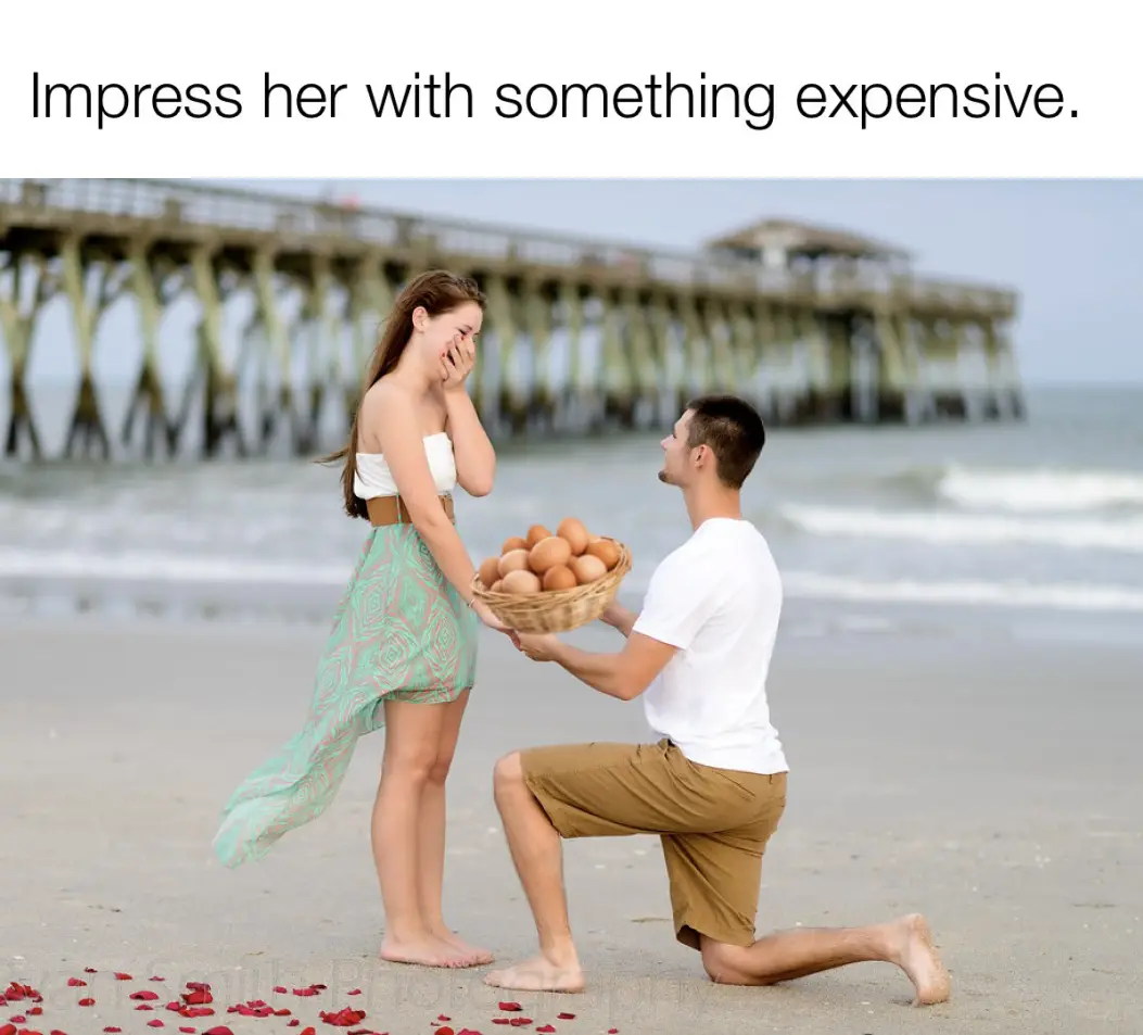 A man is kneeling on a beach holding a basket full of eggs, presenting them to a woman who is covering her face with her…