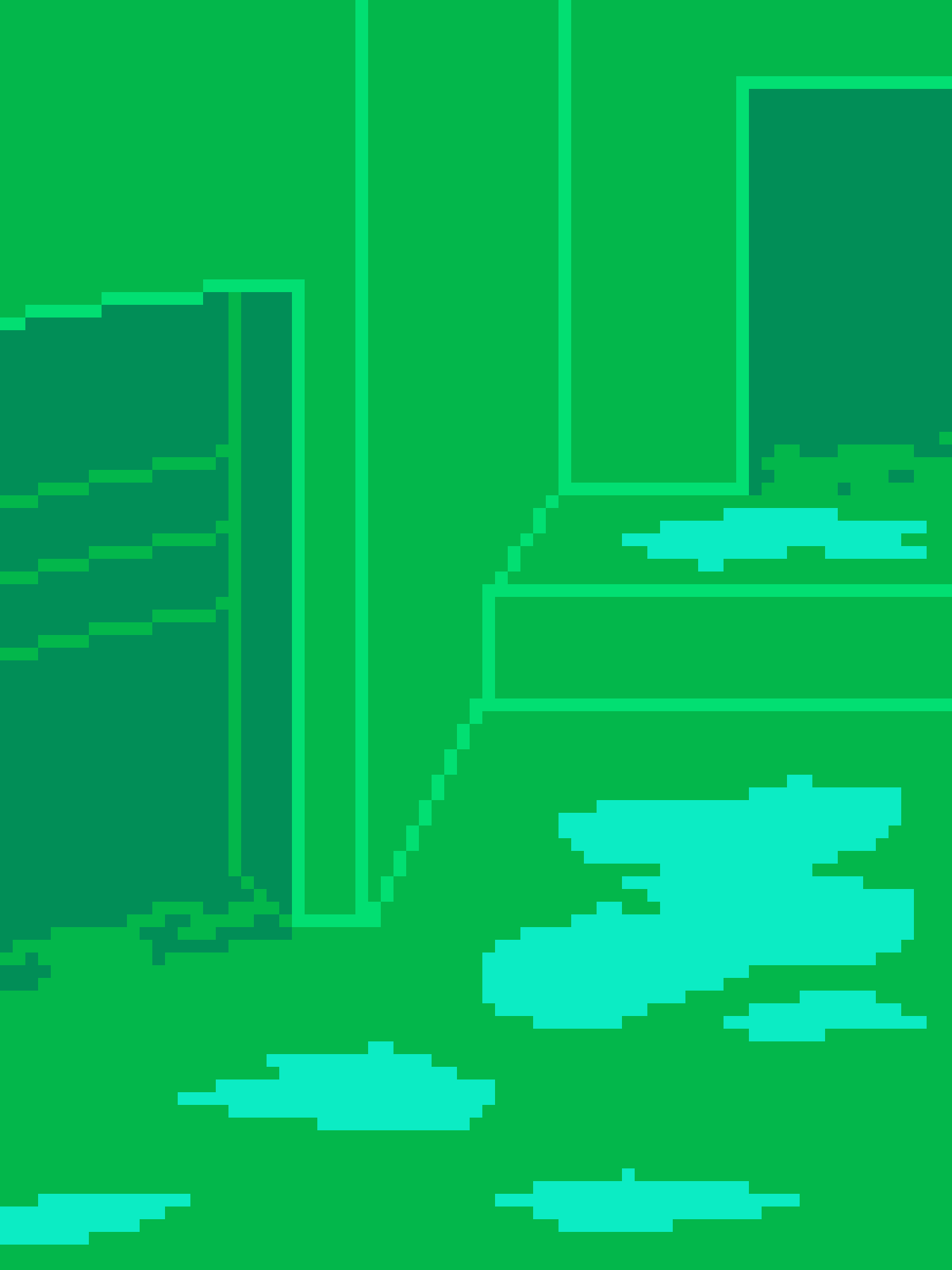 A pixelated green image shows a stylized human figure with a long, thin body and a small head, standing upright. The figure…