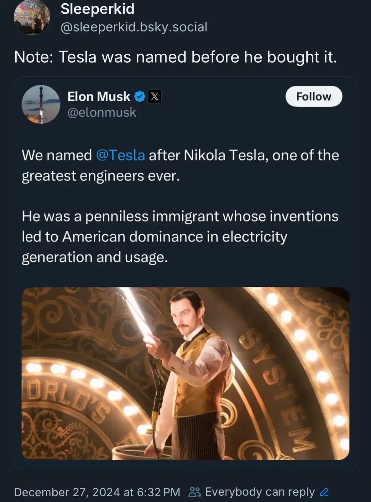 A screenshot of a social media post by 'Sleeperkid' showing a tweet from Elon Musk explaining that Tesla was named after…