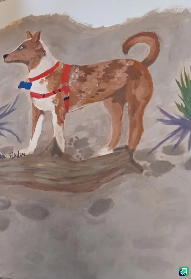 A watercolor painting depicts a brown and white dog wearing a red harness and blue bowtie, standing on a log in a…